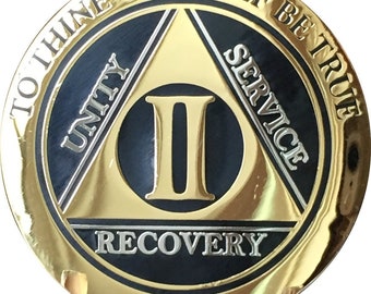 2 Year AA Medallion Elegant Black and Gold and Silver Plated Sobriety Chip