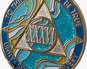 36 Year AA Medallion Elegant Marble Caribbean Aqua Glitter and Blue Sobriety Chip