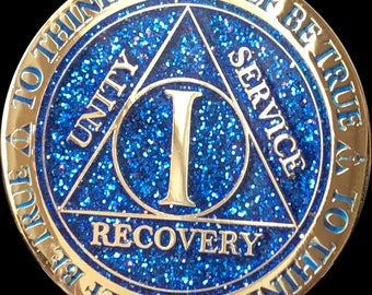 1 2 3 4 5 6 7 8 9 10 Year AA Medallion Reflex Blue Glitter Gold Plated Sobriety Chip