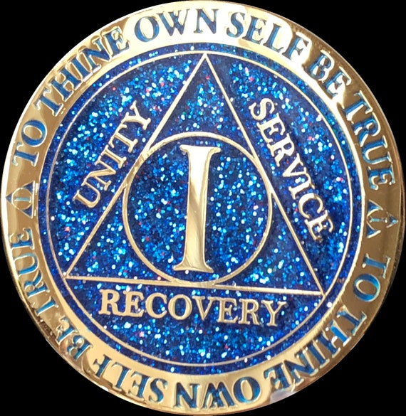 4 Year AA Medallion Blue Gold Plated Alcoholics Anonymous Sobriety Chip Coin