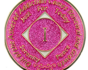 1 - 39 Year NA Style Pink Glitter Tri-Plate Clean Time Medallion Sobriety Chip