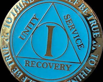 1 Year AA Medallion Glow In The Dark Sobriety Chip Blue Color Gold Plated