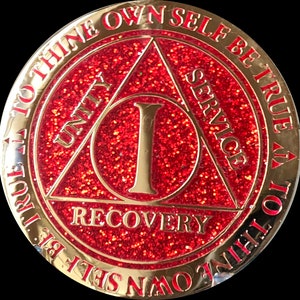 1 or 2 Year AA Medallion Reflex Ruby Red Glitter Color Gold Plated Sobriety Chip