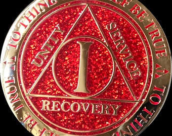 1 or 2 Year AA Medallion Reflex Ruby Red Glitter Color Gold Plated Sobriety Chip