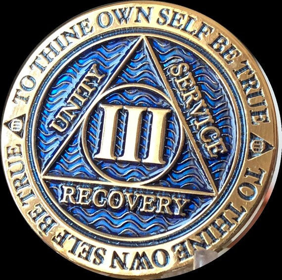 3 Year AA Medallion Reflex Dusty Blue Gold Plated Sobriety Chip Coin III Three