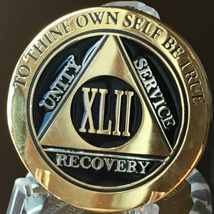 42 Year AA Medallion Elegant Black Gold Silver Plated Sobriety Chip XLII
