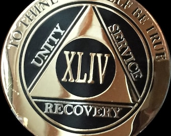42 43 44 or 45 Year AA Medallion Elegant Black and Gold and Silver Plated Sobriety Chip