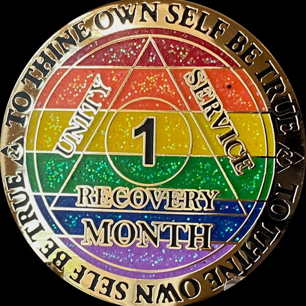 1 2 3 4 5 6 7 9 10 11 or 18 Month AA Medallion Reflex Rainbow Glitter Gold Plated Sobriety Chip