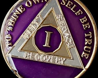 Chip de sobriedade banhado a ouro e prata metálico roxo medalhão AA de 1 ano