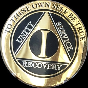 1 Year AA Medallion Elegant Black and Gold and Silver Plated Sobriety Chip