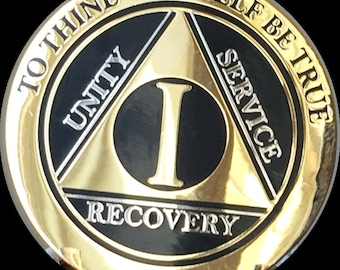 1 Year AA Medallion Elegant Black and Gold and Silver Plated Sobriety Chip