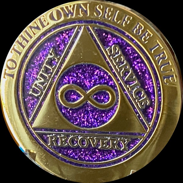 Infinity Eternity AA Medallion Elegant Purple Glitter Gold and Silver Plated Sobriety Ship