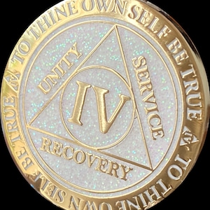 4 Year AA Medallion Reflex White Glitter Color Gold Plated Sobriety Chip