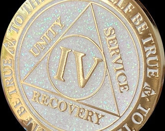 4 Year AA Medallion Reflex White Glitter Color Gold Plated Sobriety Chip