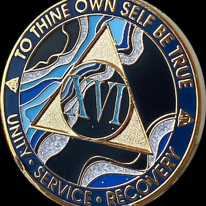 16 Year AA Medallion Elegant Marble Blue Wave Sobriety Medallion