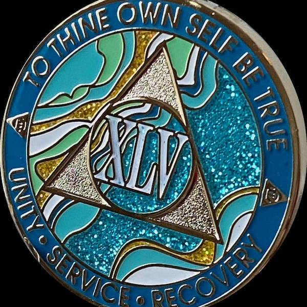 45 Year AA Medallion Elegant Marble Caribbean Aqua Glitter and Blue Sobriety Chip