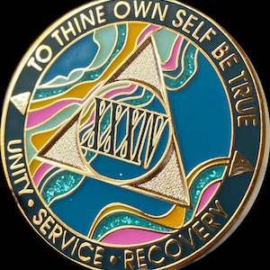 34 Year AA Medallion Elegant Marble Tahiti Teal Blue and Pink Sobriety Chip