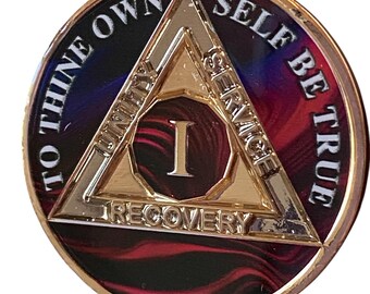 1 or 2 Year AA Medallion Purple Red Swirl Tri-Plate Sobriety Chip
