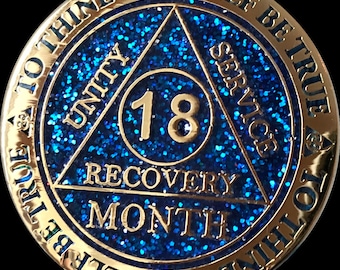 1 2 3 4 5 6 7 8 9 10 11 or 18 Month AA Medallion Reflex Blue Glitter Gold Plated Sobriety Chip