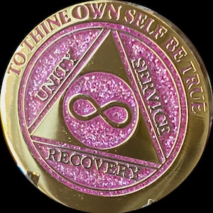 Infinity Eternity AA Medallion Elegant Pink Glitter Gold and Silver Plated Sobriety Ship