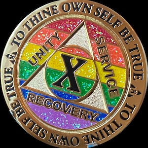 6 7 8 9 or 10 Year AA Medallion Reflex Rainbow Glitter Color Gold Plated Alcoholics Anonymous Sobriety Chip