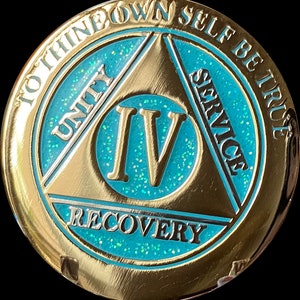 4 Year AA Medallion Elegant Seafoam Aqua Glitter Gold Sobriety Chip