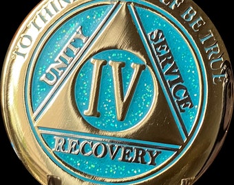 4 Year AA Medallion Elegant Seafoam Aqua Glitter Gold Sobriety Chip