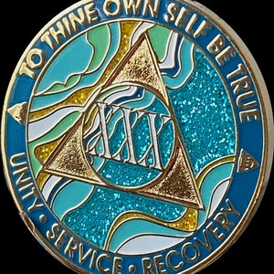 30 Year AA Medallion Elegant Marble Caribbean Aqua Glitter and Blue Sobriety Chip