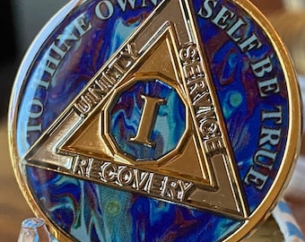 1 or 2 Year AA Medallion Abstract Sapphire Blue Swirl Tri-Plate Sobriety Chip