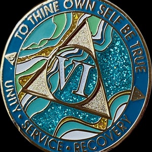 6 Year AA Medallion Elegant Marble Caribbean Aqua Glitter and Blue Sobriety Chip