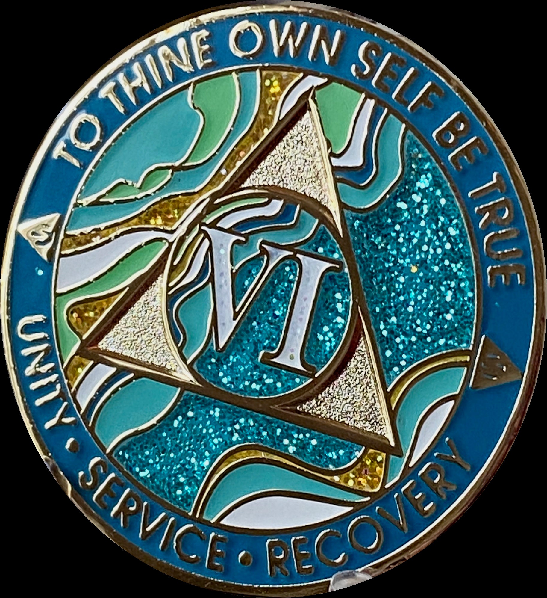 6 Month AA Sobriety Chip - Marble Caribbean Aqua Glitter Medallion With Serenity Prayer