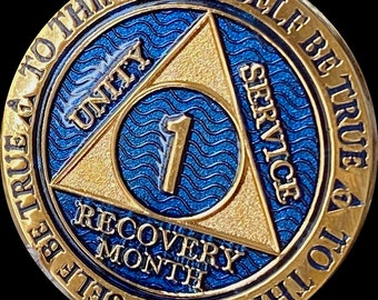 1 2 3 4 5 6 7 8 9 10 11 or 18 Month AA Medallion Elegant Blue Gold Plated Sobriety Chip