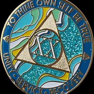 20 Year AA Medallion Elegant Marble Caribbean Aqua Glitter and Blue Sobriety Chip