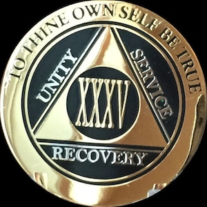 32 33 34 35 or 36 Year AA Medallion Elegant Black and Gold and Silver Plated Sobriety Chip