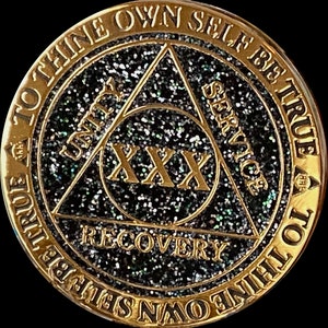 30 Year AA Medallion Reflex Black Glitter Sobriety Chip