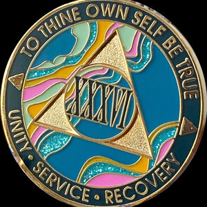 36 Year AA Medallion Elegant Marble Tahiti Teal Blue and Pink Sobriety Chip