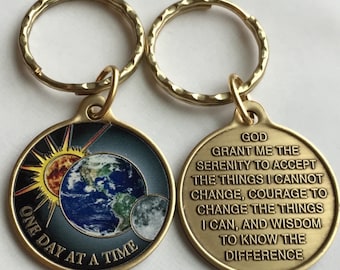 Color Universe One Day At A Time Serenity Prayer Bronze AA Sobriety Keychain Sun Moon Earth