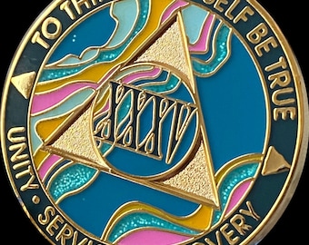 May include: Gold-toned coin with a blue, pink, and yellow design. The coin features a triangle with the number "XIV" inside. The text "To Thine Own Self Be True" is written around the top of the coin, and the text "Unity, Service, Recovery" is written around the bottom of the coin.