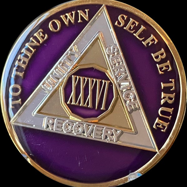 36 37 38 39 or 40 Year AA Medallion Metallic Purple Tri-Plate Sobriety Chip