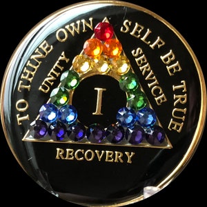 1 Year AA Medallion Black Rainbow Swarovski Crystal Sobriety Chip