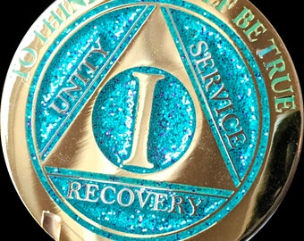 1 Year AA Medallion Elegant Aqua Glitter Gold Plated Sobriety Chip