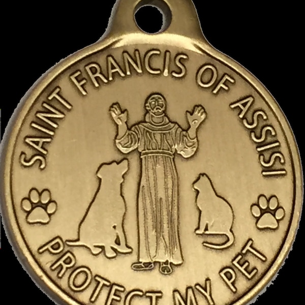 Saint Francis of Assisi Patron Saint of Pets / Protect My Pet Dog Tag Collar Charm Bronze