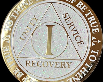 1 Year AA Medallion Reflex White Glitter Color Gold Plated Sobriety Chip