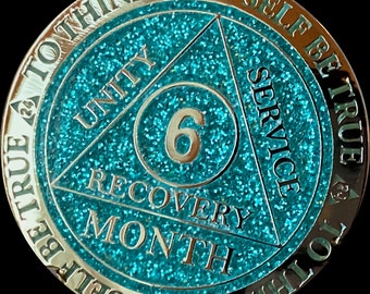 1 2 3 4 6 9 or 18 Month AA Medallion Reflex Aqua Glitter Gold Plated Sobriety Chip