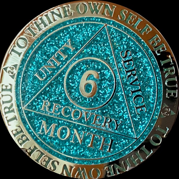 1 2 3 4 6 9 or 18 Month AA Medallion Reflex Aqua Glitter Gold Plated Sobriety Chip