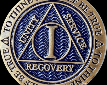 1 2 3 4 5 6 7 8 9 or 10 Year AA Medallion Antique Bronze And Blue Alcoholics Anonymous Sobriety Chip