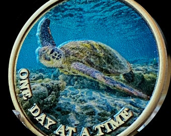 Color Sea Turtle Swimming One Day At A Time Medallion Serenity Prayer Coin