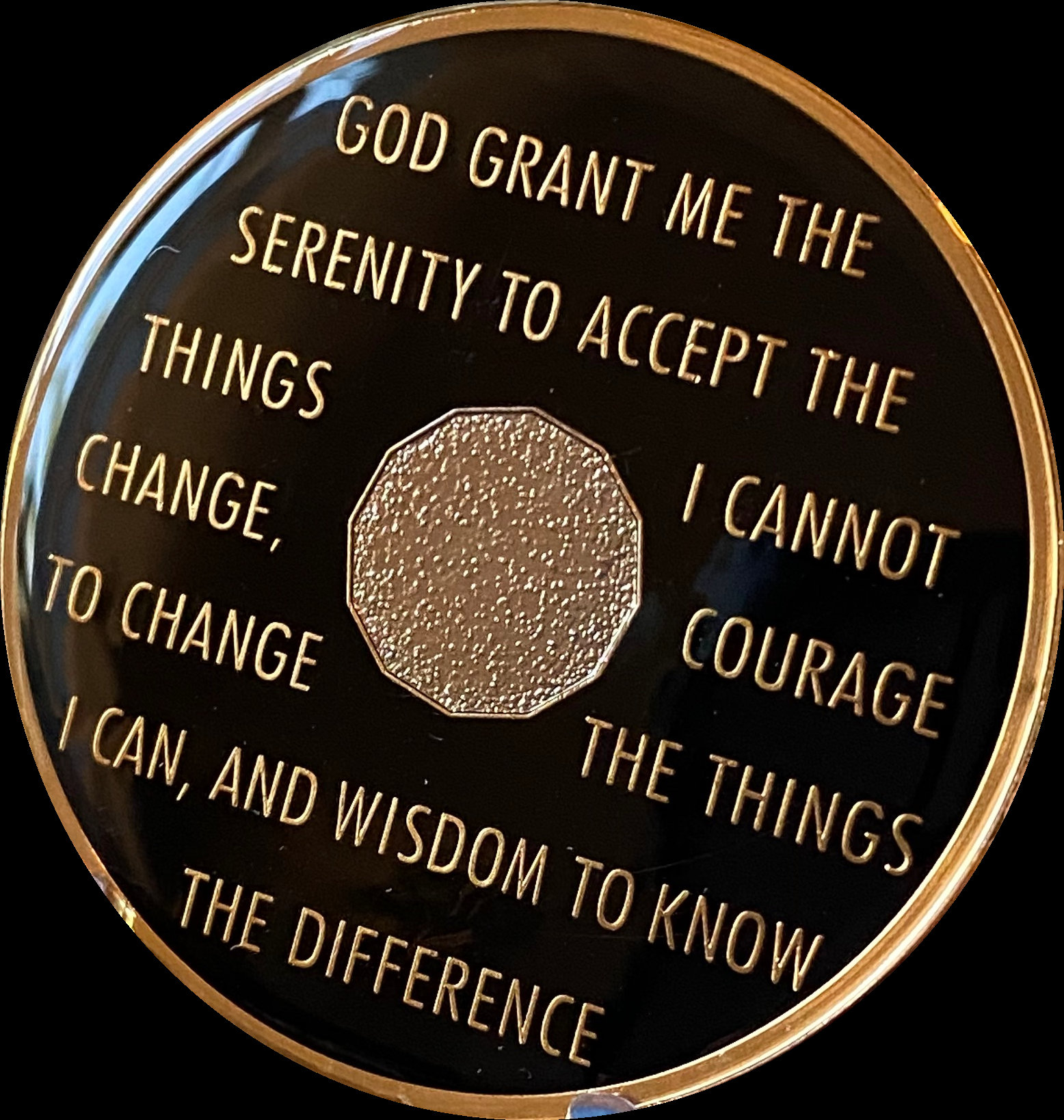 8 Year Sobriety Chip – Large 1.5 Inch AA Medallion In Glossy Black, Tri-Plate Gold & Nickel, Serenity Prayer Back