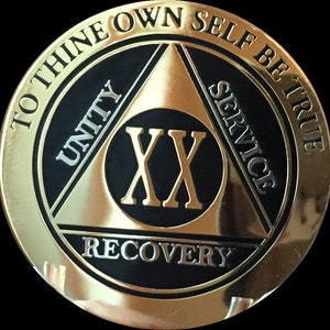 16 17 18 19 or 20 Year AA Medallion Elegant Black and Gold and Silver Plated Sobriety Chip