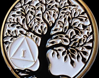 1 - 10 Year AA Medallion Tree Of Life White on Black Serenity Prayer Medallion Coin Chip